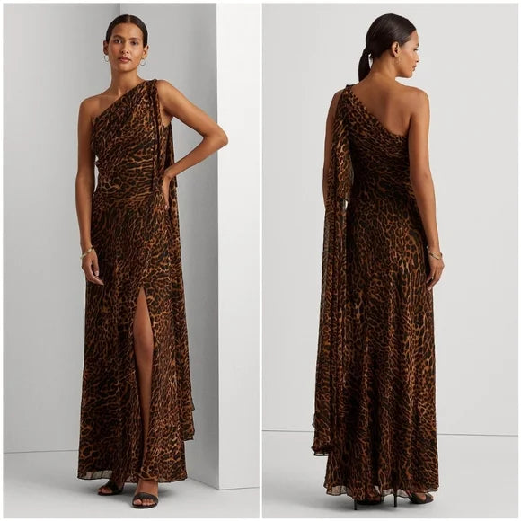 Lauren Ralph Lauren Ocelot-Print One-Shoulder Gown  Color Brown/Tan Multi Size 16