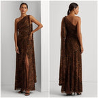 Lauren Ralph Lauren Ocelot-Print One-Shoulder Gown  Color Brown/Tan Multi Size 16