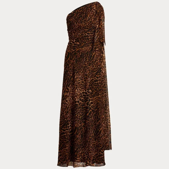 Lauren Ralph Lauren Ocelot-Print One-Shoulder Gown  Color Brown/Tan Multi Size 16