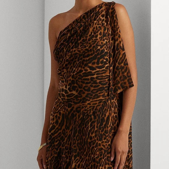 Lauren Ralph Lauren Ocelot-Print One-Shoulder Gown  Color Brown/Tan Multi Size 16