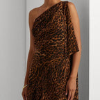 Lauren Ralph Lauren Ocelot-Print One-Shoulder Gown  Color Brown/Tan Multi Size 16