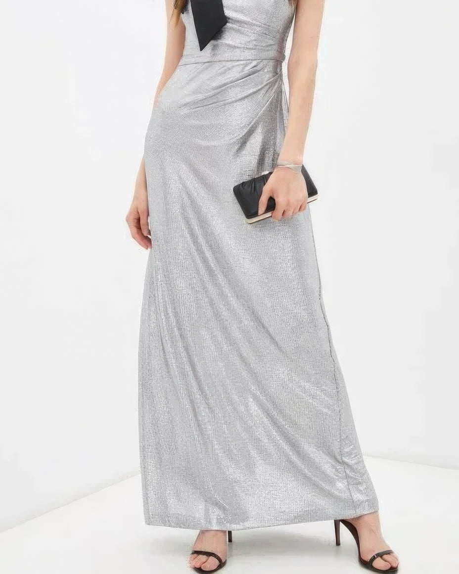 Lauren Ralph Lauren Bow-Trim Metallic Gown  Color Dark Gray/Silver Size 12