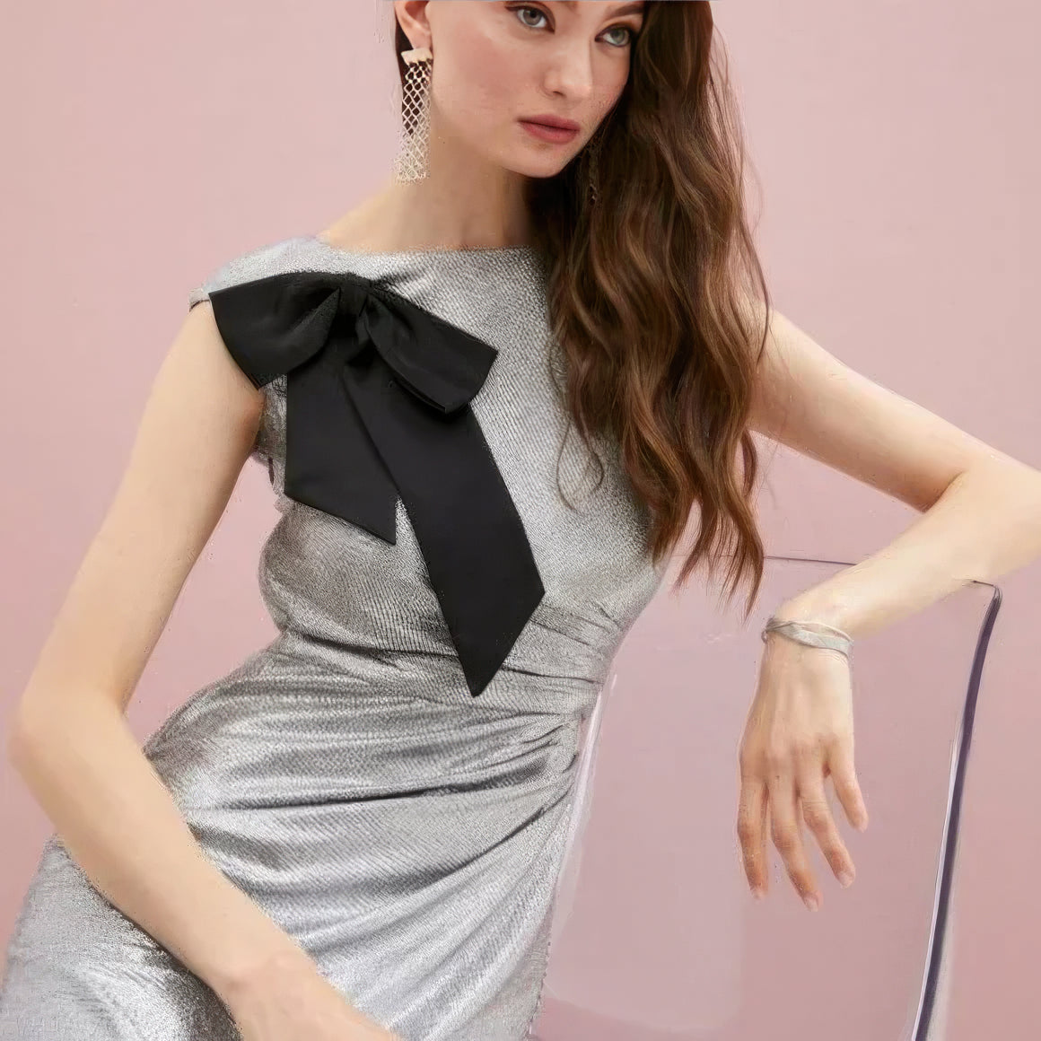 Lauren Ralph Lauren Bow-Trim Metallic Gown  Color Dark Gray/Silver Size 12