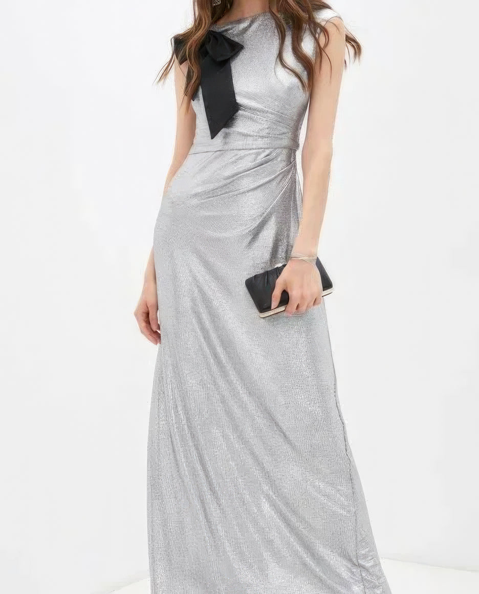 Lauren Ralph Lauren Bow-Trim Metallic Gown  Color Dark Gray/Silver Size 12