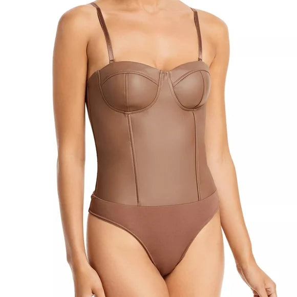 Aqua Women's Vegan Leather Bustier Bodysuit  Color Taupe Size L