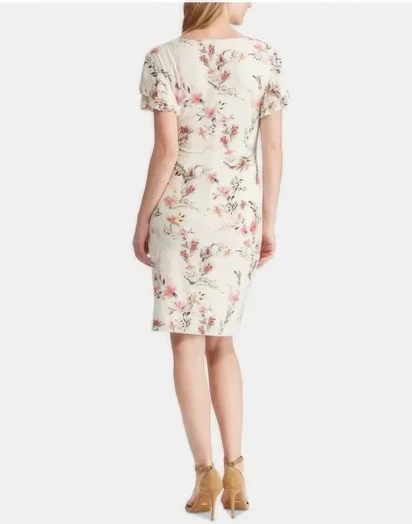 Lauren Ralph Lauren Petite Latoya Floral Ruffle Sleeve Party Dress  Color Cashew/Pink Size 6P