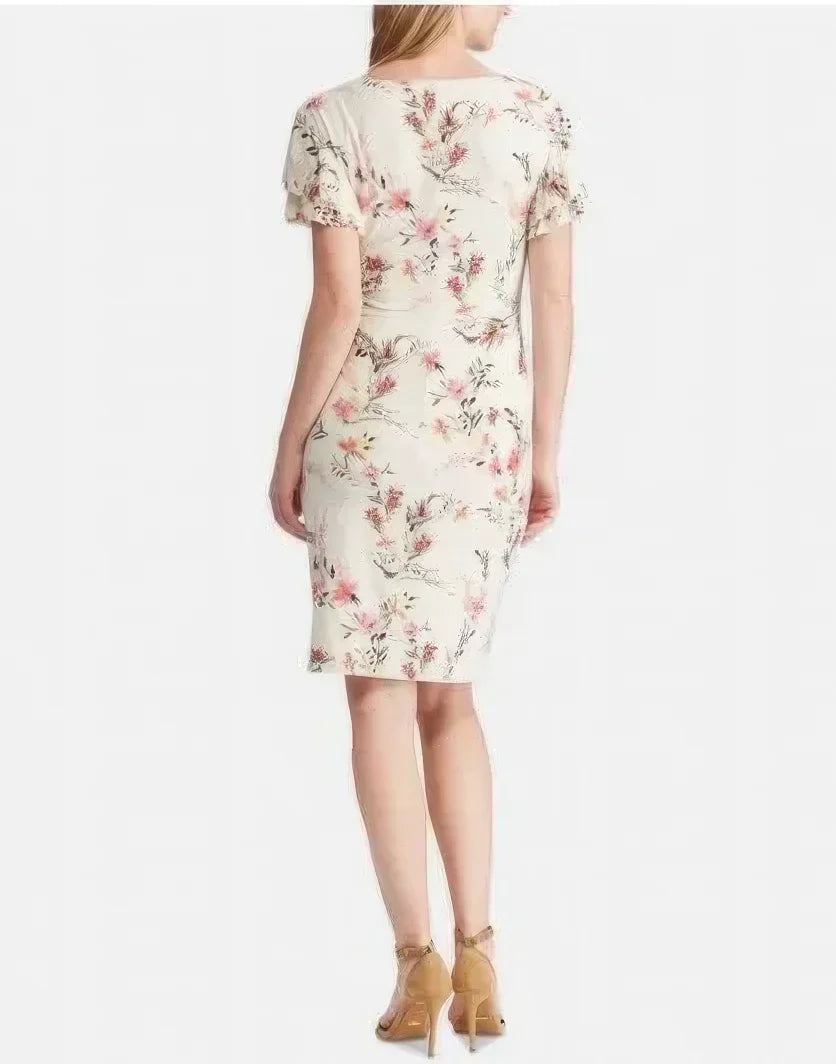Lauren Ralph Lauren Petite Latoya Floral Ruffle Sleeve Party Dress  Color Cashew/Pink Size 8P