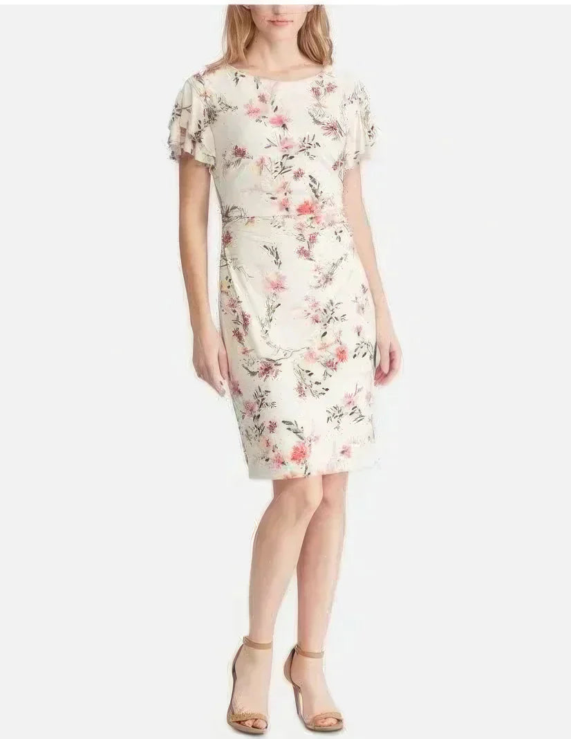 Lauren Ralph Lauren Petite Latoya Floral Ruffle Sleeve Party Dress  Color Cashew/Pink Size 4P