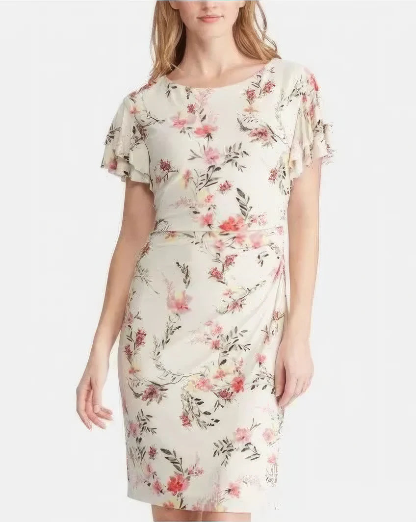 Lauren Ralph Lauren Petite Latoya Floral Ruffle Sleeve Party Dress  Color Cashew/Pink Size 6P