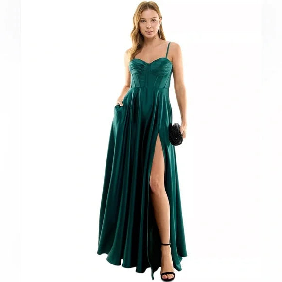 B Darlin Juniors Pleated-Bodice High-Slit Evening Gown  Color Hunter Size 15/16