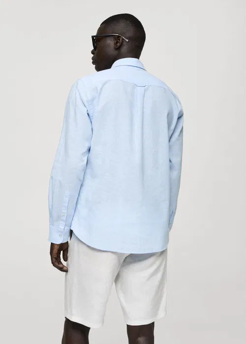 MANGO Men's Regular-Fit Striped Cotton-Linen Shirt  Baby Blue Size M