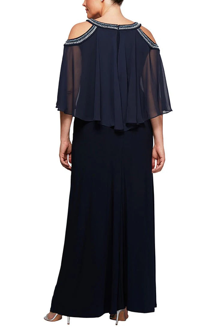 Alex Evenings Plus Size Beaded Cold-Shoulder Gown  Color Navy Size 16W