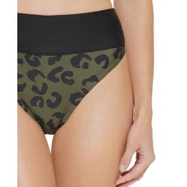 DKNY Printed High-Waist Bikini Bottoms  Color Block Leopard Moss Green Size L