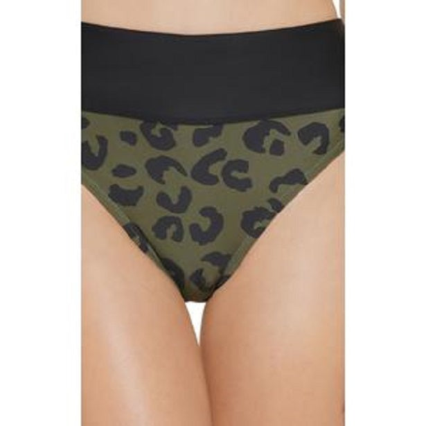 DKNY Printed High-Waist Bikini Bottoms  Color Block Leopard Moss Green Size L