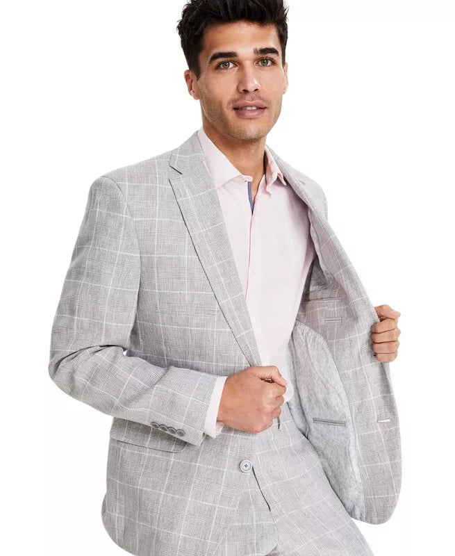 Bar III Men's Slim-Fit Linen Suit Jacket  Color Grey Plaid Size 36R