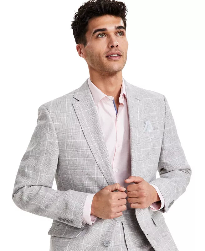 Bar III Men's Slim-Fit Linen Suit Jacket  Color Grey Plaid Size 36R