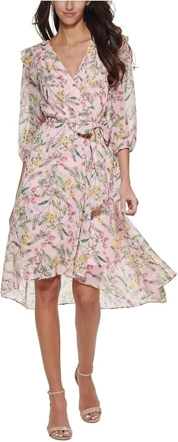 Tommy Hilfiger Printed Balloon-Sleeve Faux-Wrap Dress  Ballerina Pink Multi  Size 12 (No Tag)