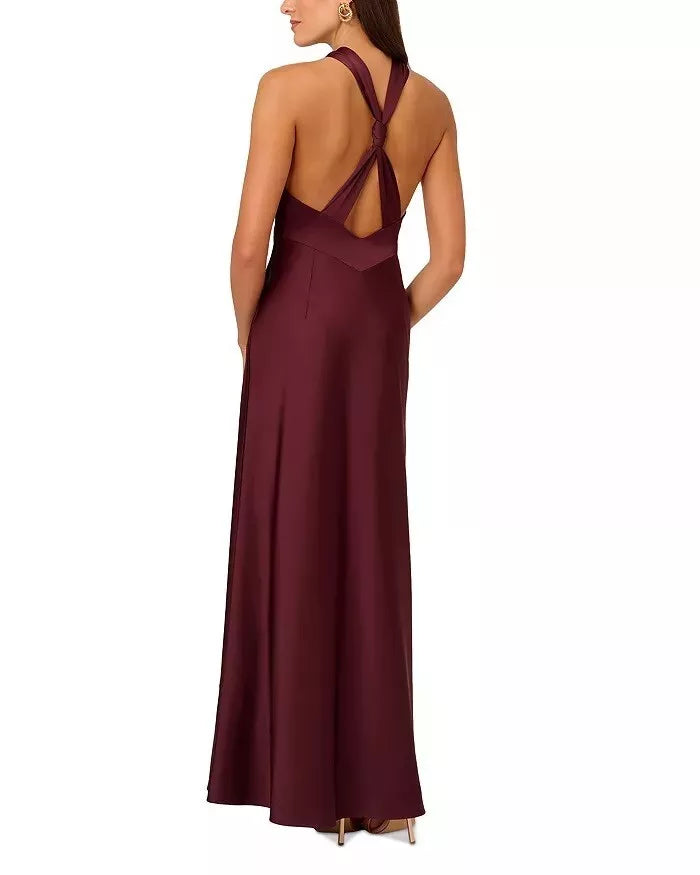 Liv Foster Knotted Satin Halter Gown  Color Bordeaux Size 10