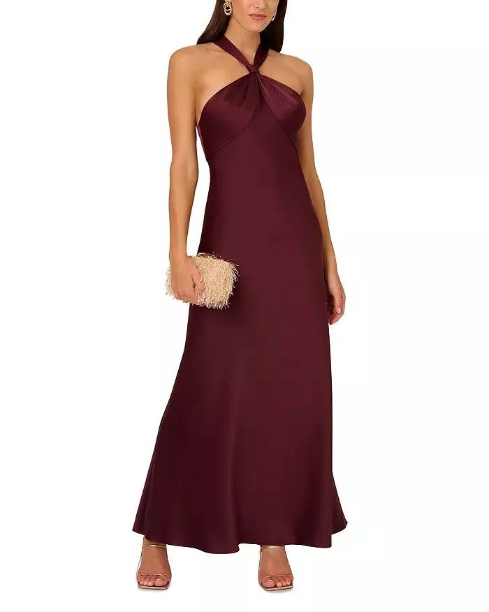 Liv Foster Knotted Satin Halter Gown  Color Bordeaux Size 10