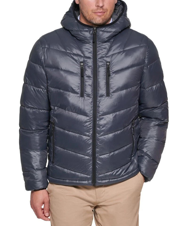 Club Room Men's Chevron Quilted Hooded Puffer Jacket  Charcoal Size XL