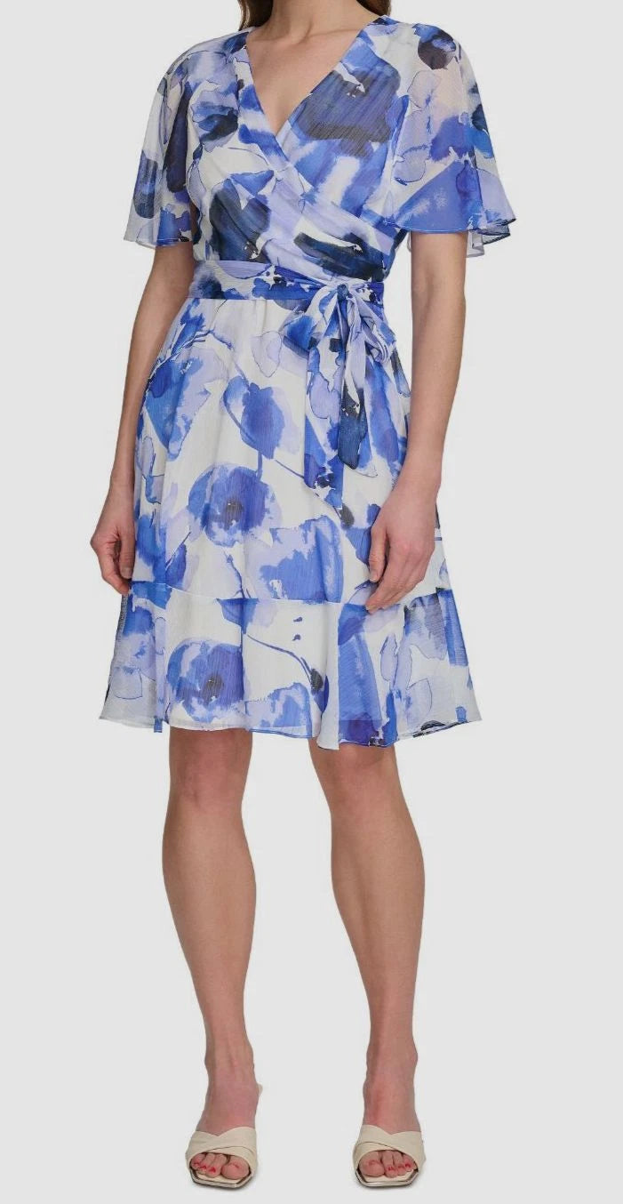 DKNY Women's Surplice-Neck Cape-Sleeve Chiffon Dress  Marine Multi Size 8 (No Tag)