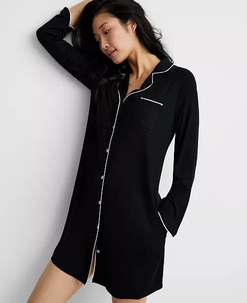 State of Day Women's Notched-Collar Sleepshirt  Deep Black Size XL