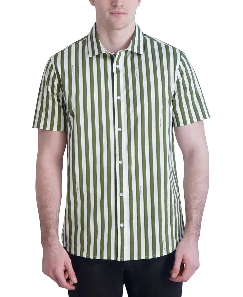 KARL LAGERFELD PARIS Men's Woven Stripe Shirt  Olive/White Size S
