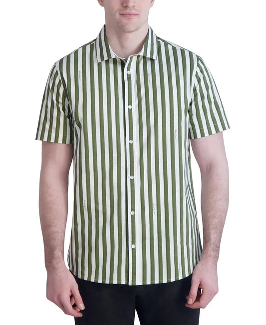 KARL LAGERFELD PARIS Men's Woven Stripe Shirt  Olive/White Size M