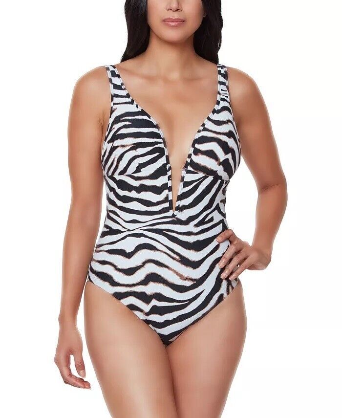 Bar III Printed V-Neck One-Piece Swimsuit  Color White/Black Size L