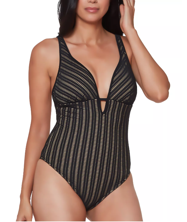 Bar III Plunging Crochet One-Piece Swimsuit  Color Black Size S