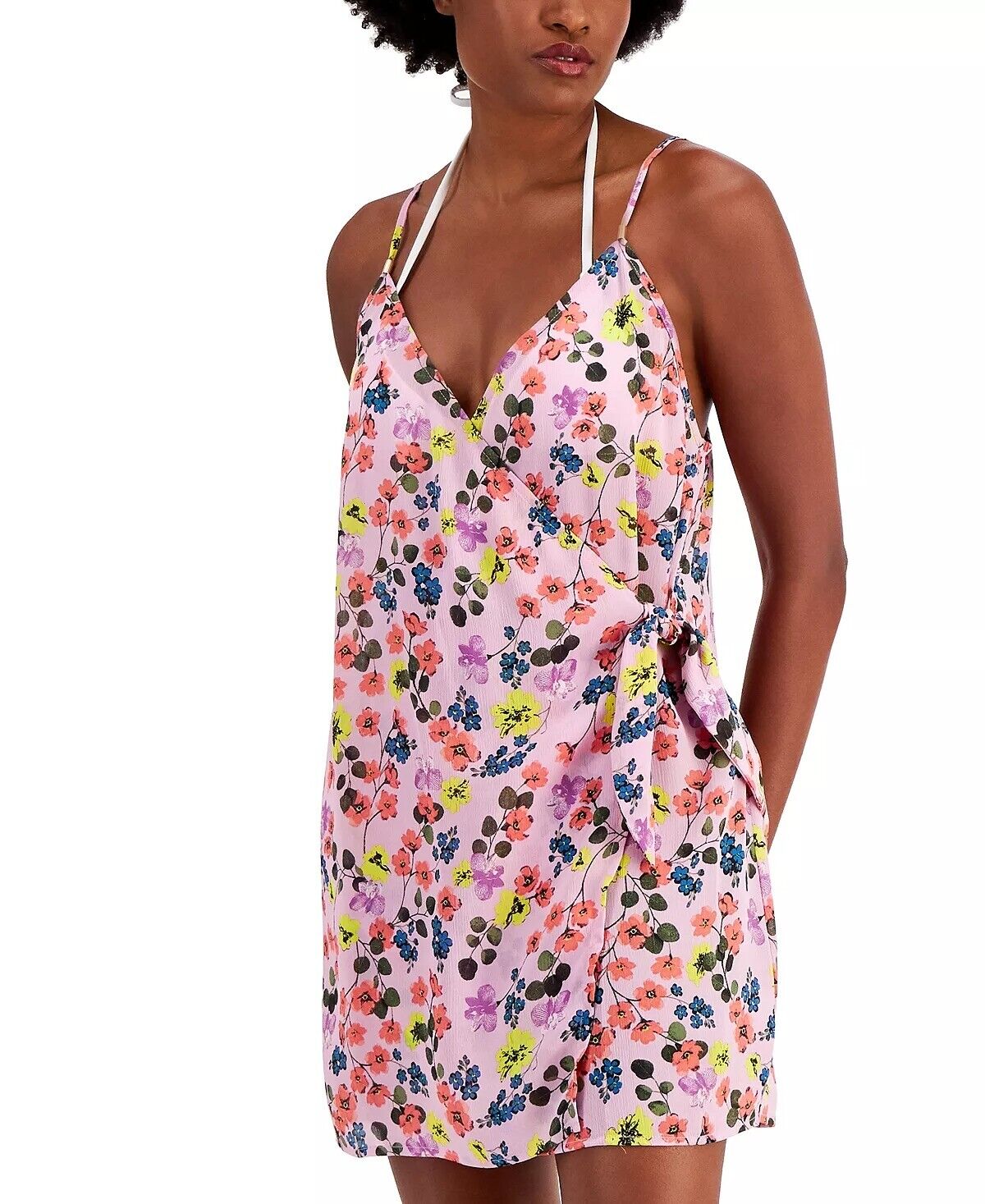 Miken Juniors Tie-Front Wrap-Style Dress Swimsuit  Color Orchid Bouquet/Tea Rose Size XS
