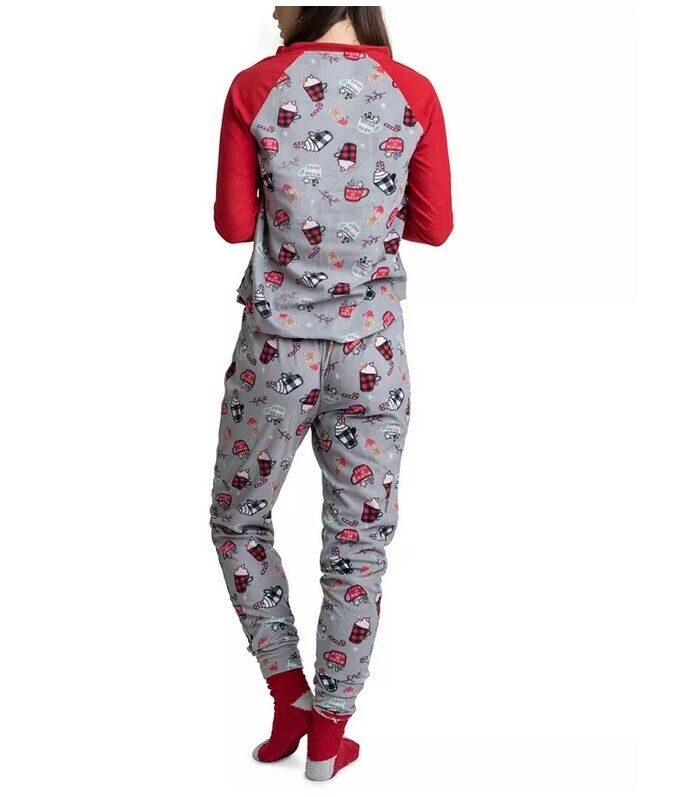 Muk Luks 3-Pc. Gift Printed Fleece Top, Pants & Socks   Color Red Coffee Size M