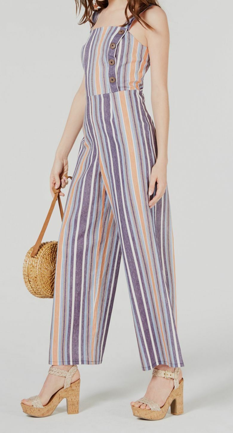 Fishbowl Juniors Button-Front Wide-Leg Jumpsuit   Color Blue Peach Size 11