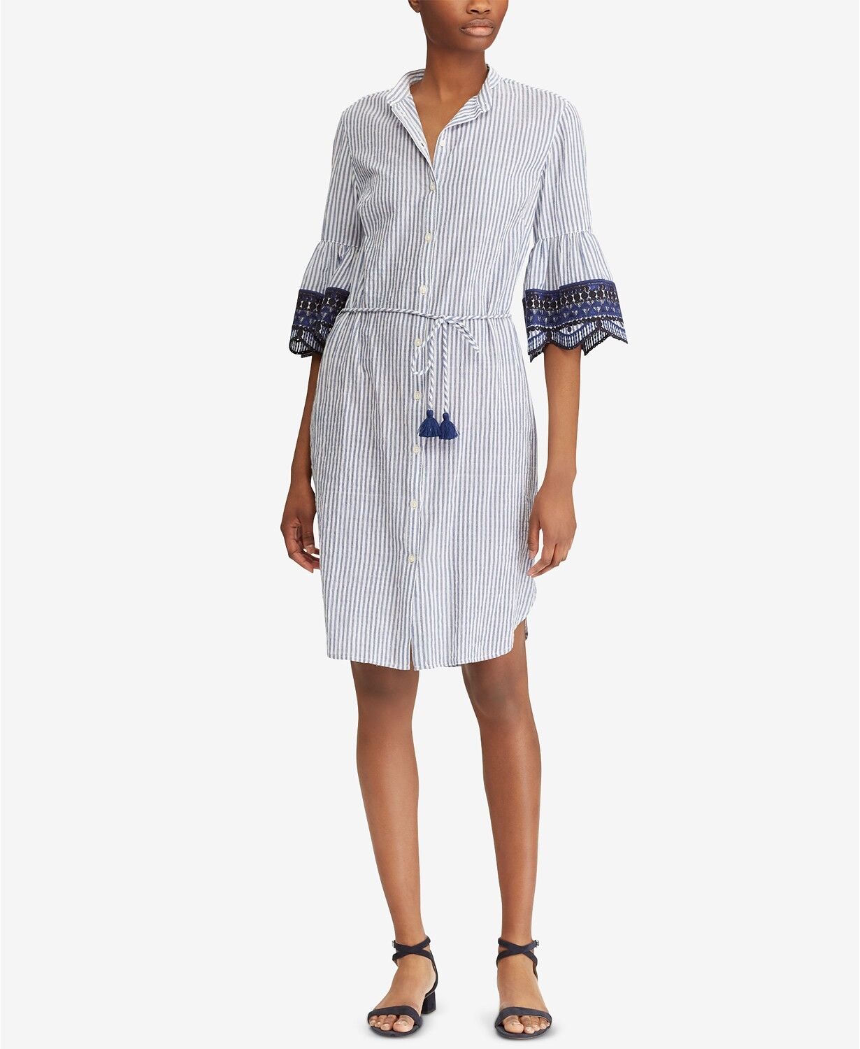 Lauren Ralph Lauren Women's Embroidered-Cuff Dress   Color Blue/White Size 14