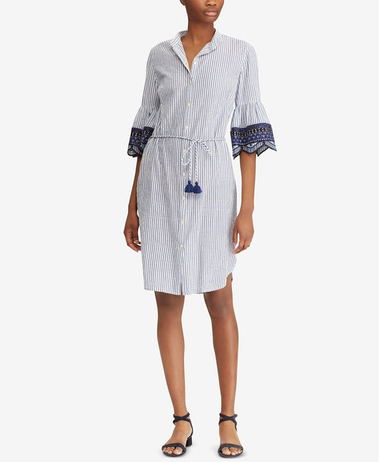 Lauren Ralph Lauren Women's Embroidered-Cuff Dress   Color Blue/White Size 14
