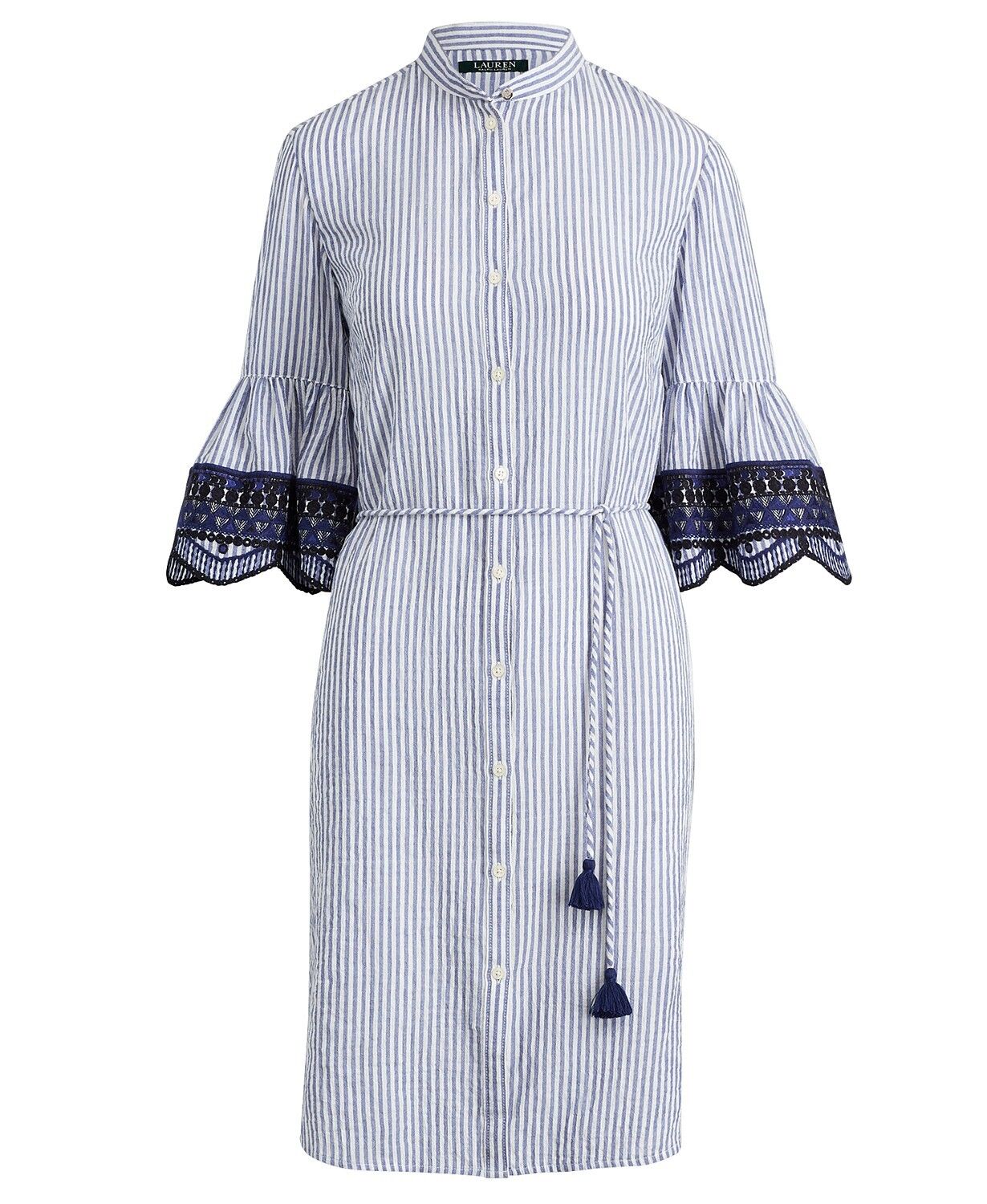 Lauren Ralph Lauren Women's Embroidered-Cuff Dress   Color Blue/White Size 14