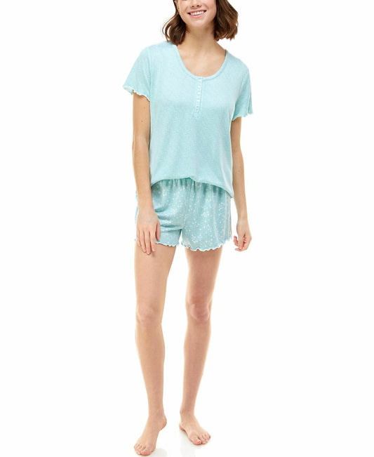 Roudelain Women's Ribbed Lettuce-Trim Shorts Pajama Set  Color Pastel Blue Size S