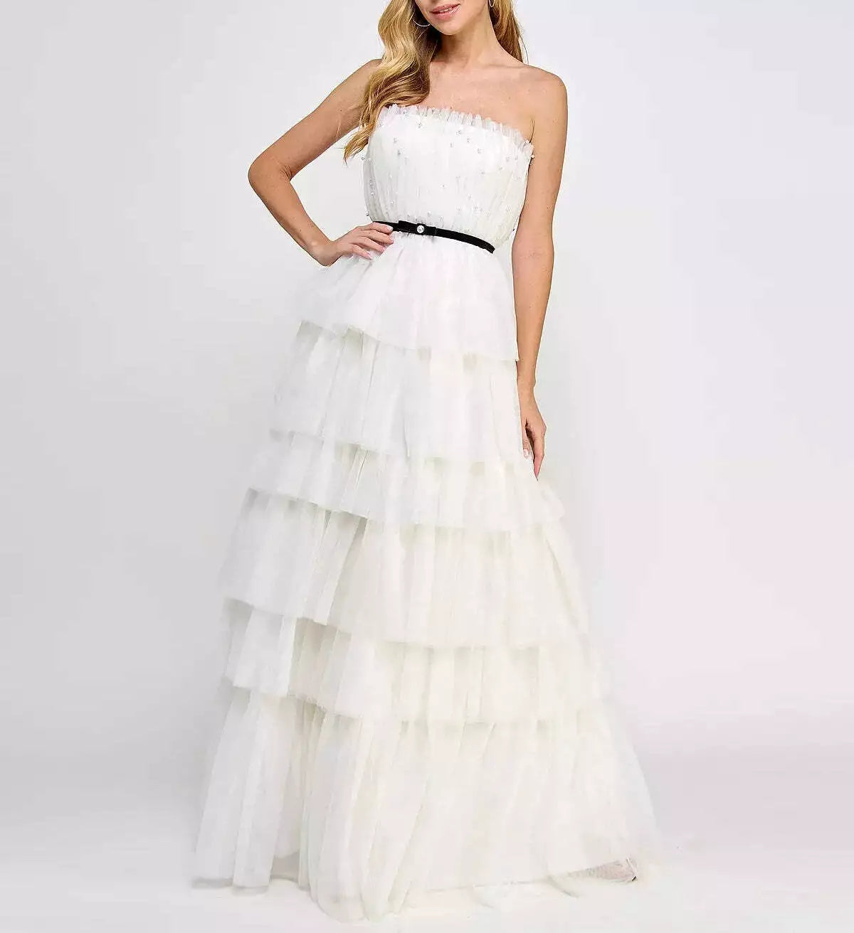 Say Yes Juniors Tulle Imitation Tiered Ball Gown  Color White Size 13/14