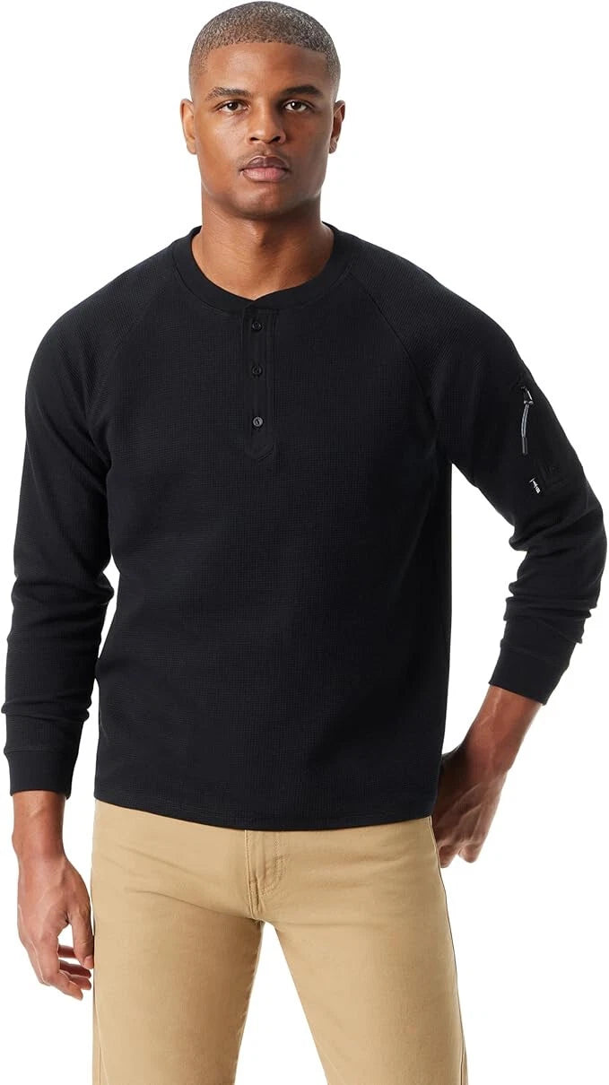 BASS OUTDOOR Men’s Relaxed Fit Performance Thermal Long Sleeve Henley  Black Beauty Size S