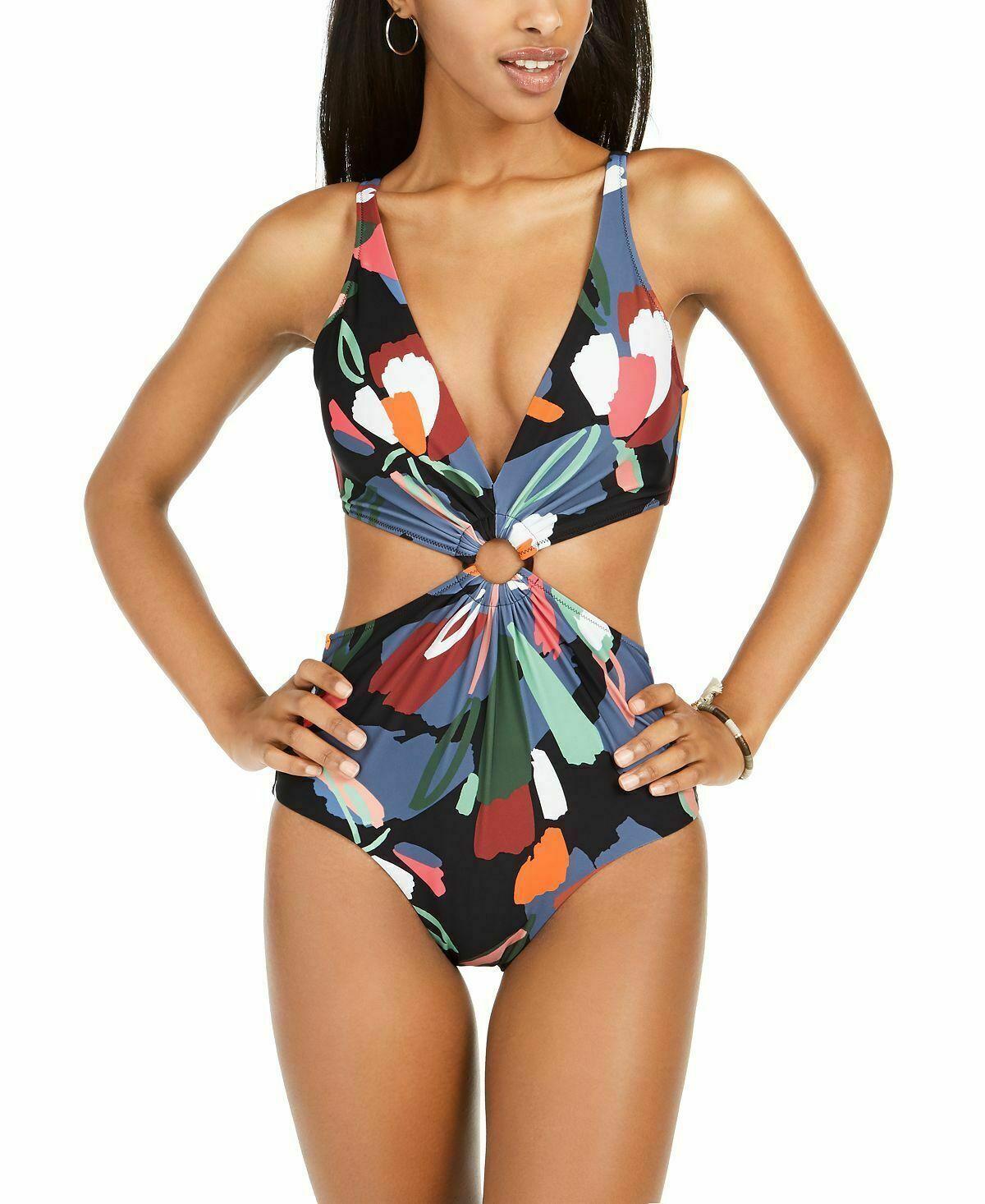 Bar III Printed Ring Cutout One-Piece Swimsuit  Color Paradise Palm Size XL