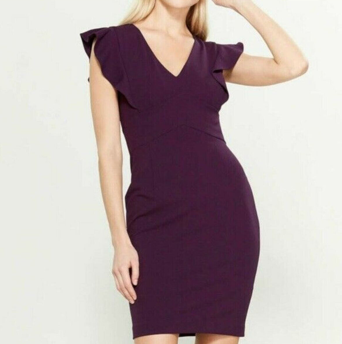 DKNY Women's Ruffled Cap Sleeve V Neck Sheath Dress  Color Purple Size 8