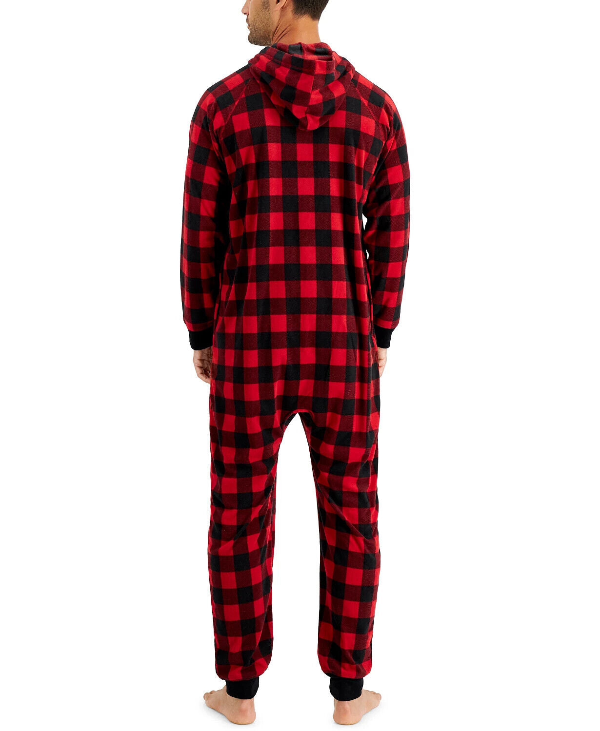 Family Pajamas Men's  Hooded Long Sleeve Bodysuit  Color Red Buff Check Size M
