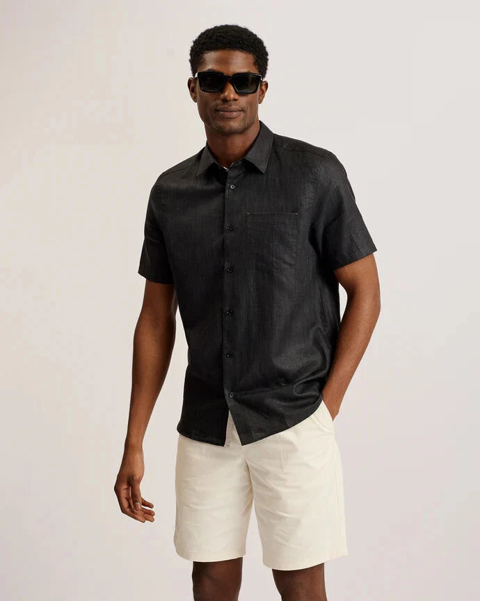 Ted Baker Men's Palomas Short Sleeve Linen Shirt  Black Size 4/L
