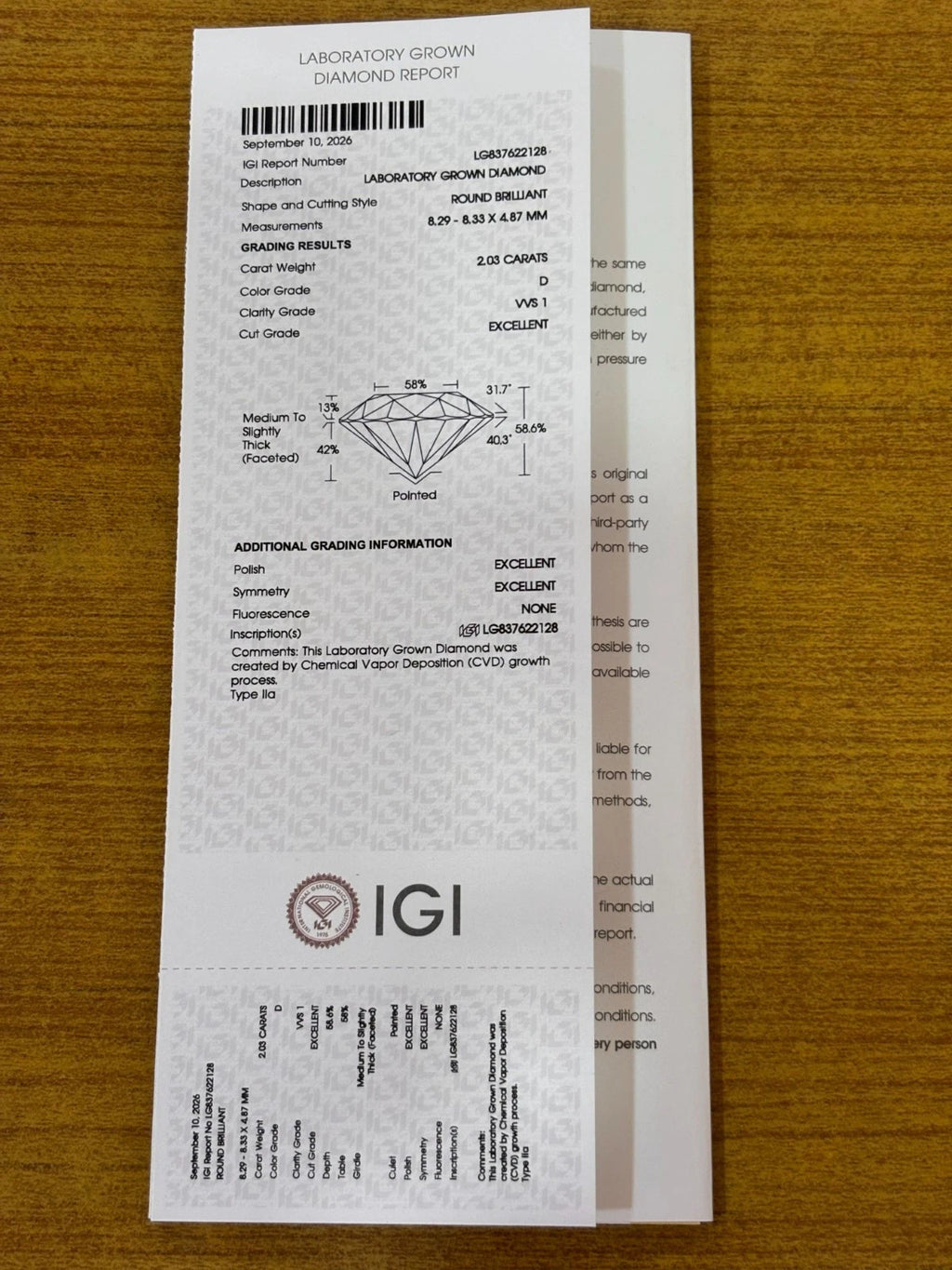 IGI Certified Luxuriant Lab Grown Diamond (Round) (D-VVS1) 2.03 ctw