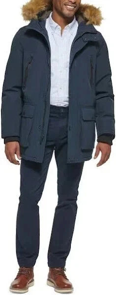 Club Room Men's Parka Faux Fur-Hood Coat  Navy Size L