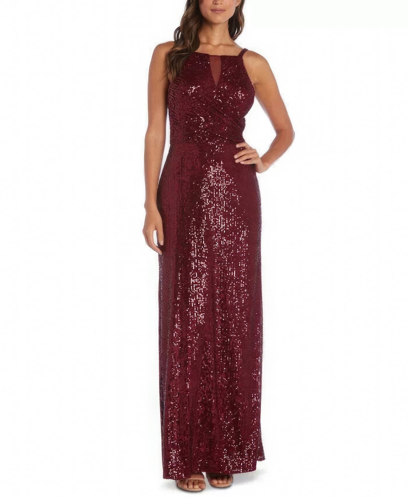 Nightway Sequin Crossover Spaghetti Strap Gown  Color Merlot Red Size 14