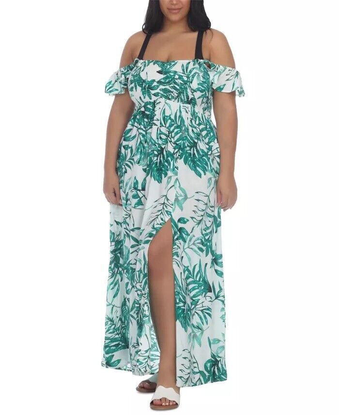 Raviya Plus Size Floral-Print Smocked-Bodice Maxi Dress Cover-Up  Color Green Size 0X