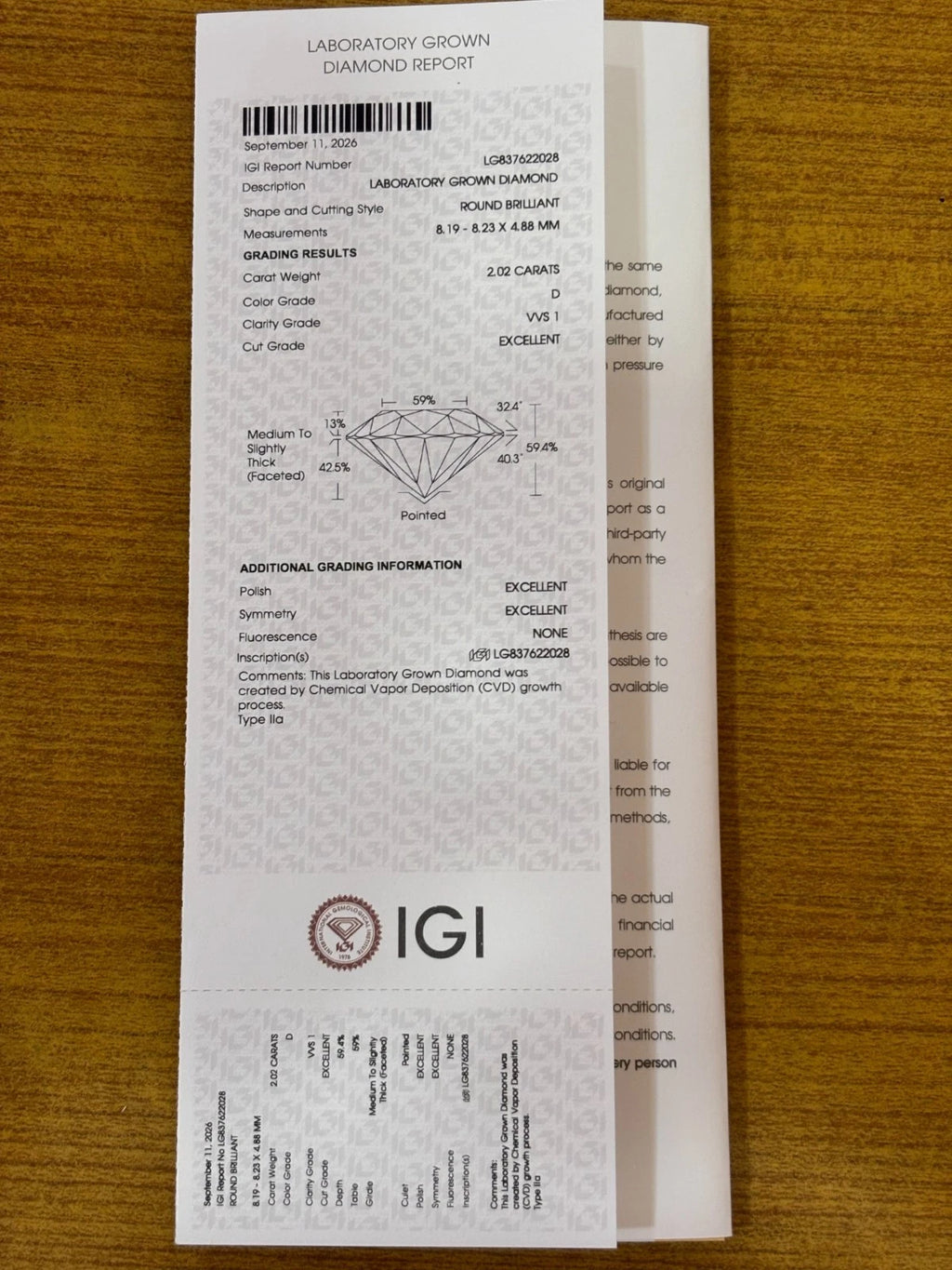 IGI Certified Luxuriant Lab Grown Diamond (Round) (D-VVS1) 2.02 ctw