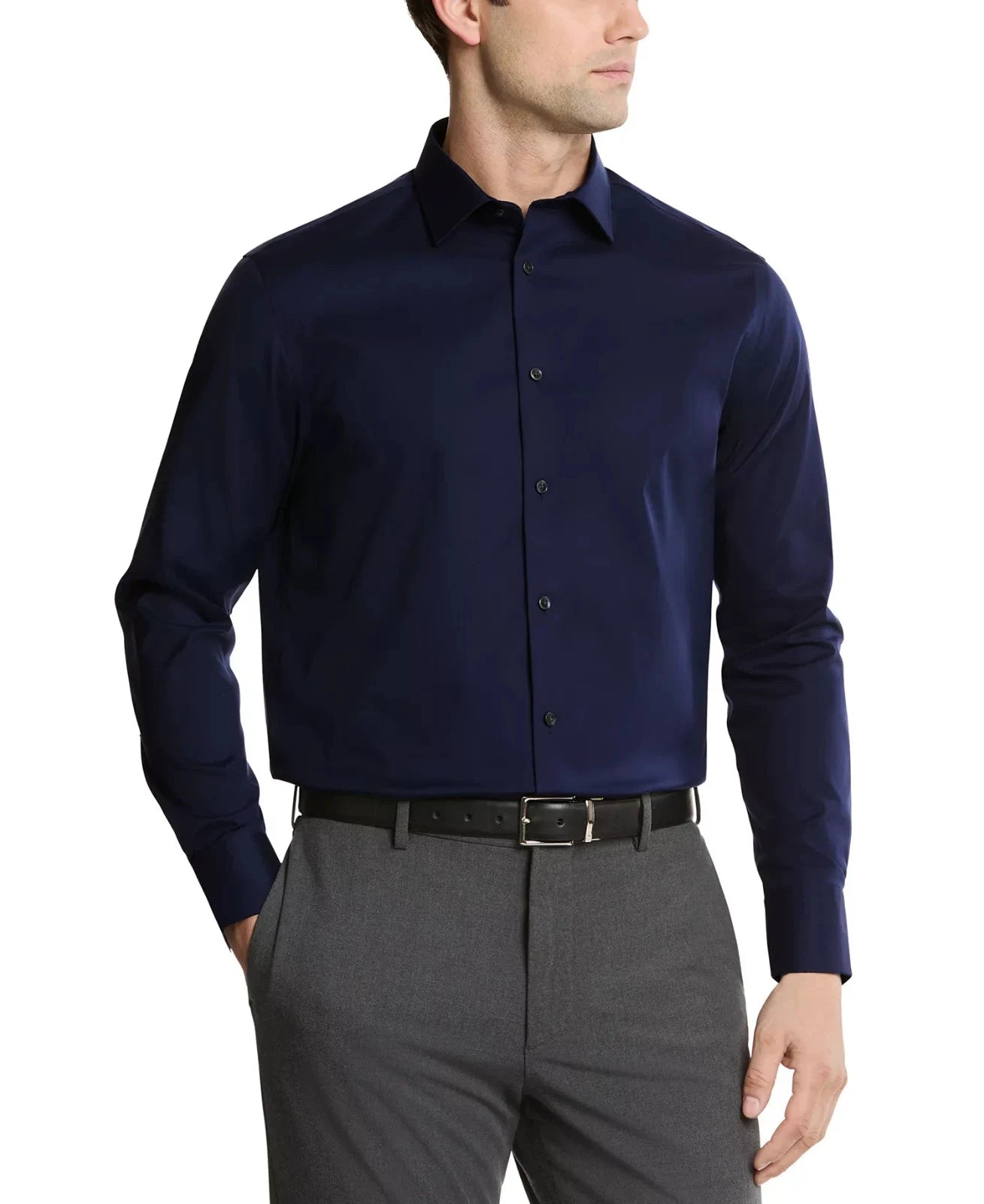 Calvin Klein Men's Refined Cotton Stretch Regular Fit Dress Shirt   Navy 16.5 32/33