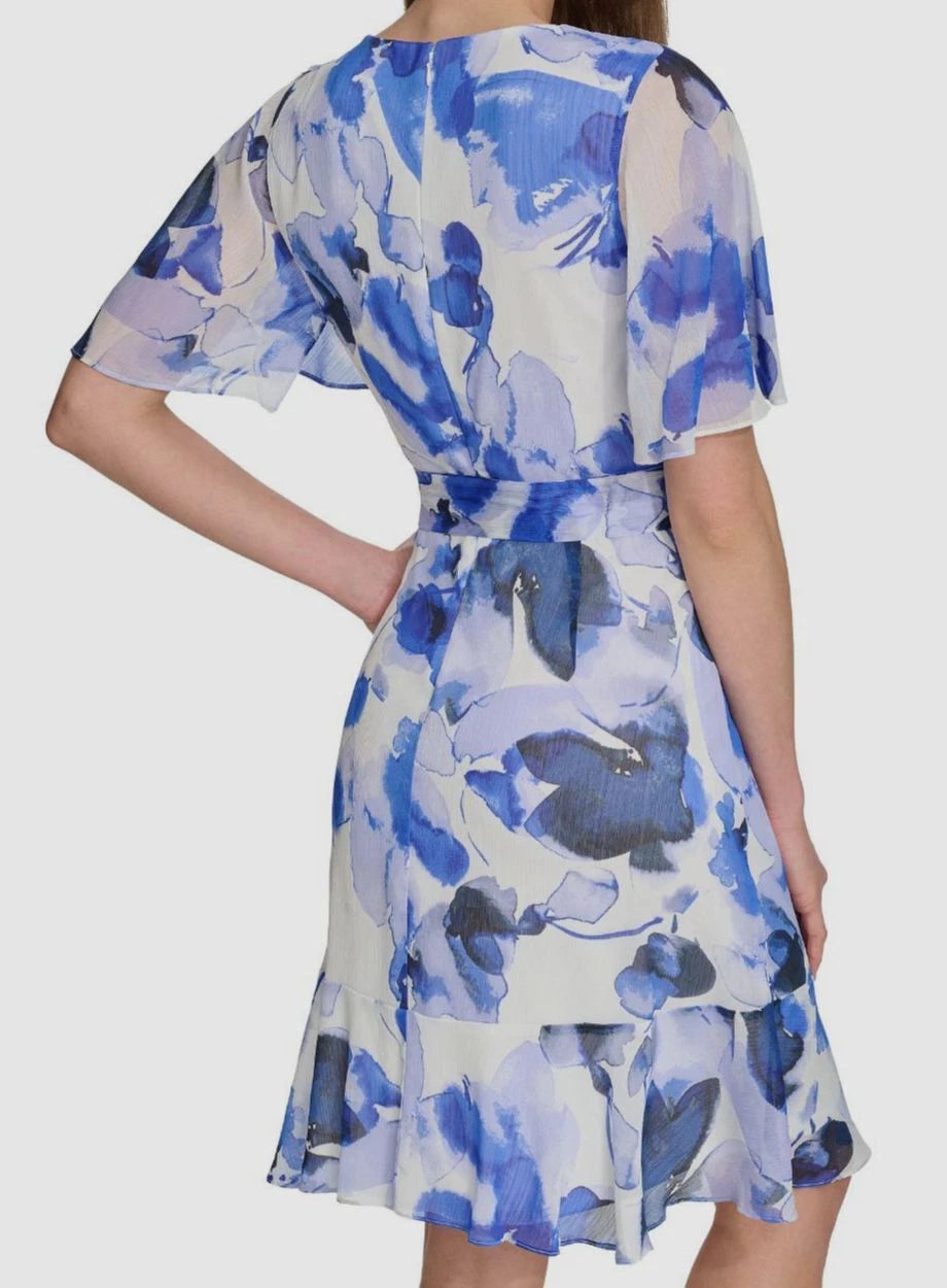 DKNY Women's Surplice-Neck Cape-Sleeve Chiffon Dress  Marine Multi Size 8 (No Tag)